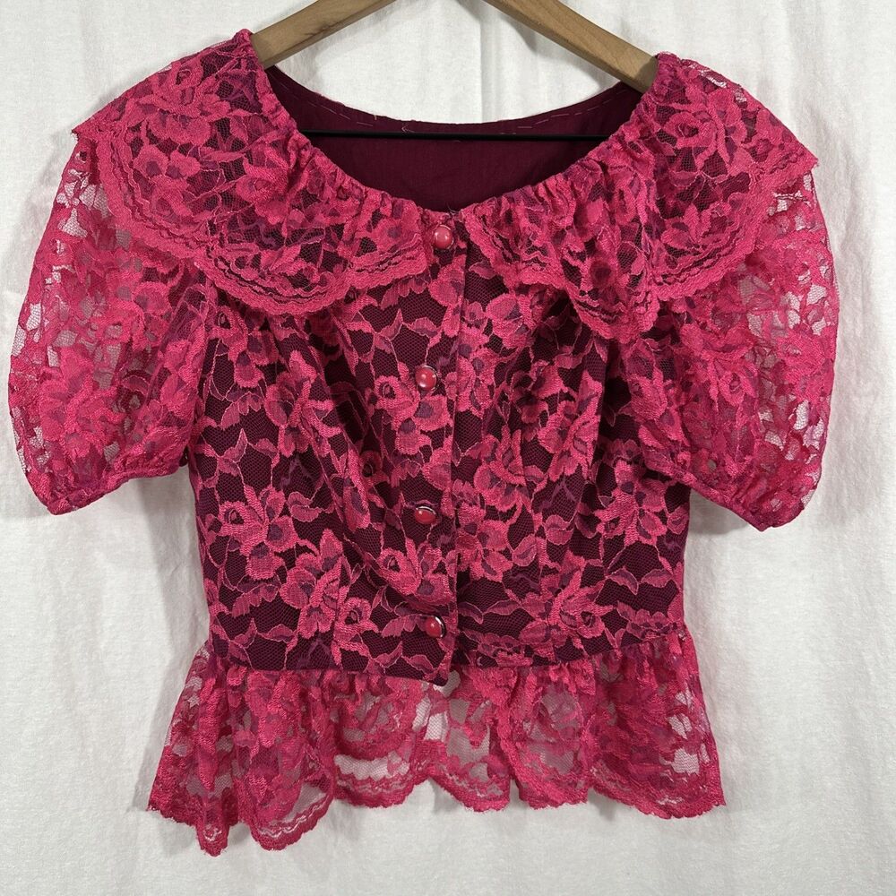 Handmade Vintage Hot Pink Lace Peplum Button Cottage Feminine Top Sz S? *READ*